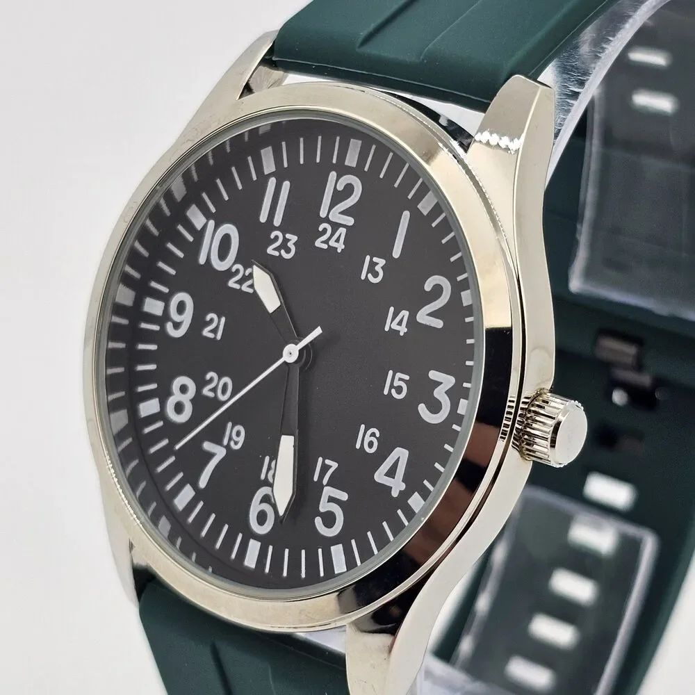 Men's Field Watch 42MM Gray Case Black Dial Dark‎ Green Plastic Band Straps